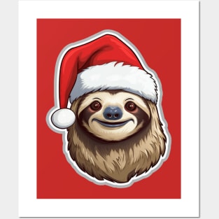 Christmas Sloth Wearing Santa Hat Posters and Art